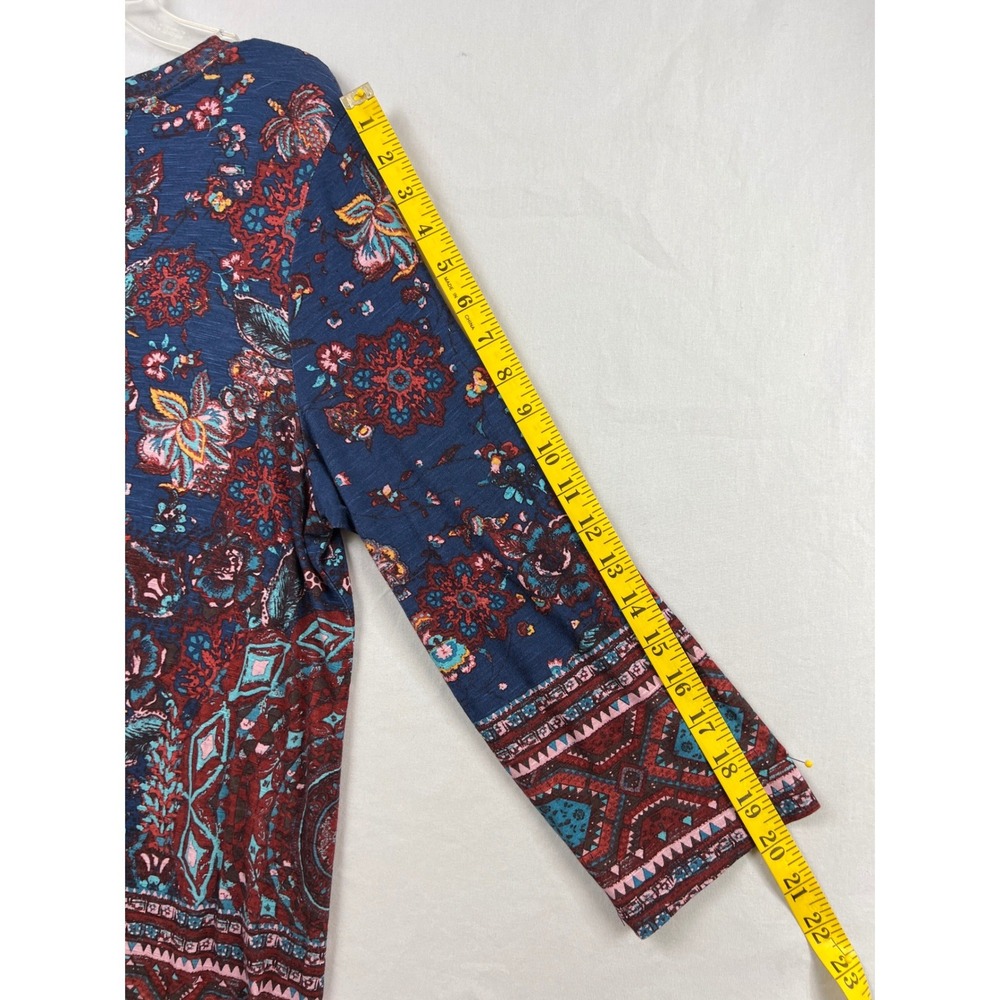 One World V-Neck Top Womens Large Blue Burgundy Boho Mandala 3/4 Sleeve NEW - Picture 7 of 12